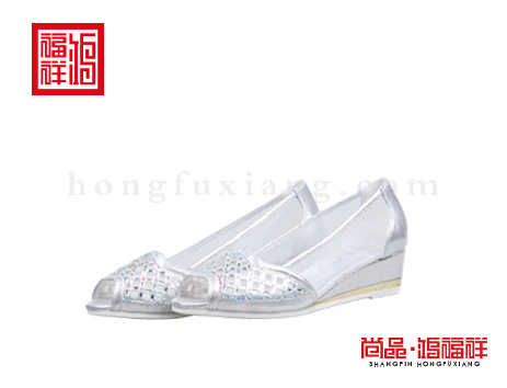 鸿福祥布鞋女鞋X252328银白鱼嘴鞋