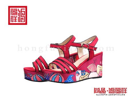 鸿福祥布鞋女鞋X252370红色凉鞋